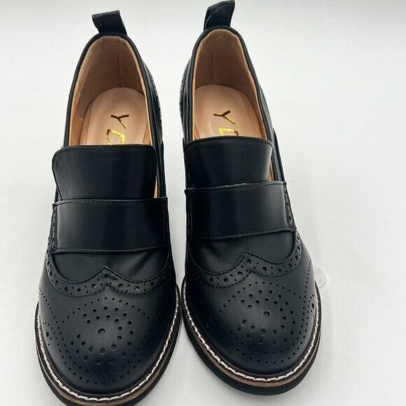 YDN Black Chunky High Heels Round Toe Oxford Loafer Shoe - Picture 3 of 6